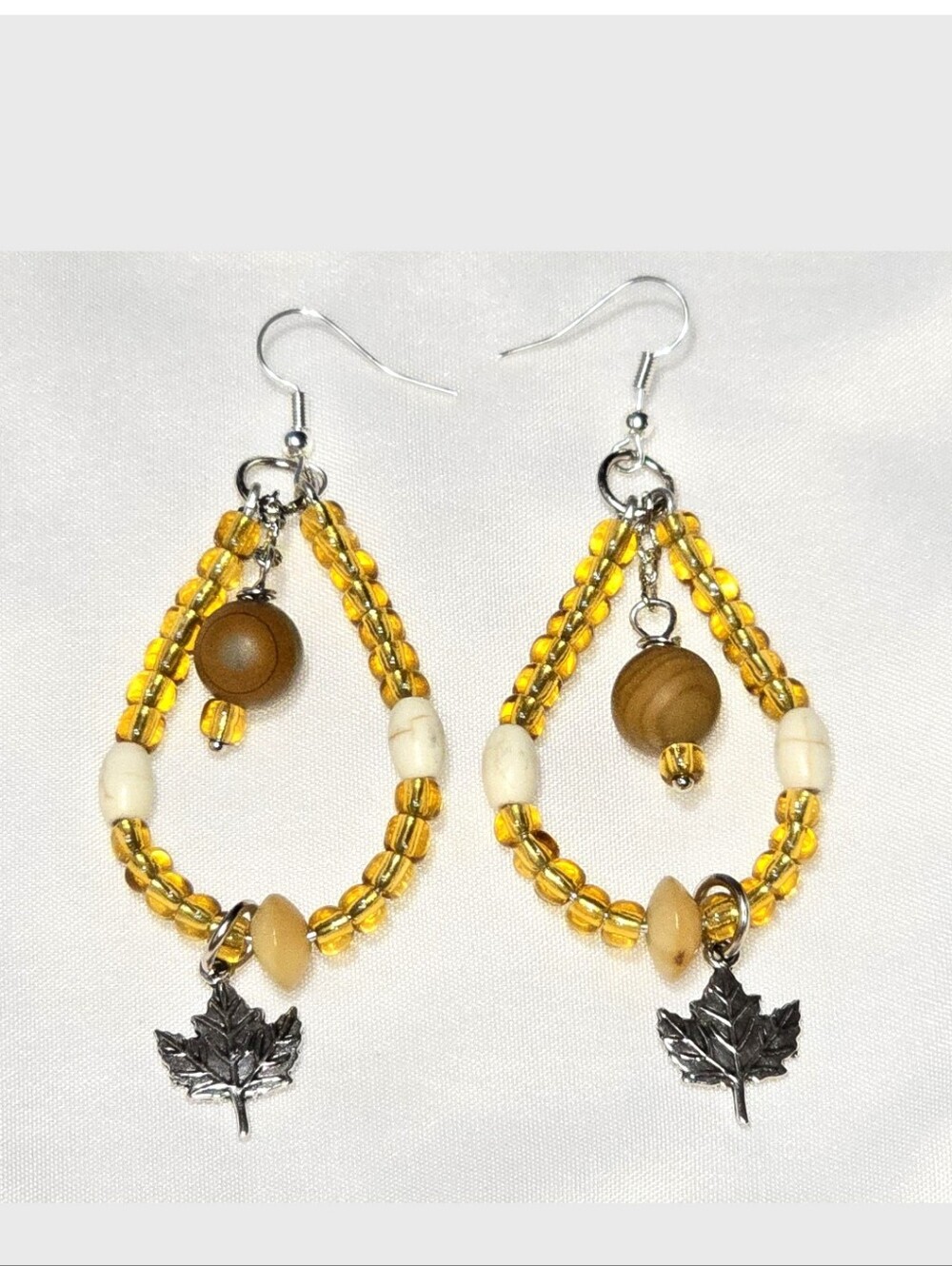 Yellow Beaded Leaf Dangle Earrings with Glass Seed Beads, Earthy Nature Inspired